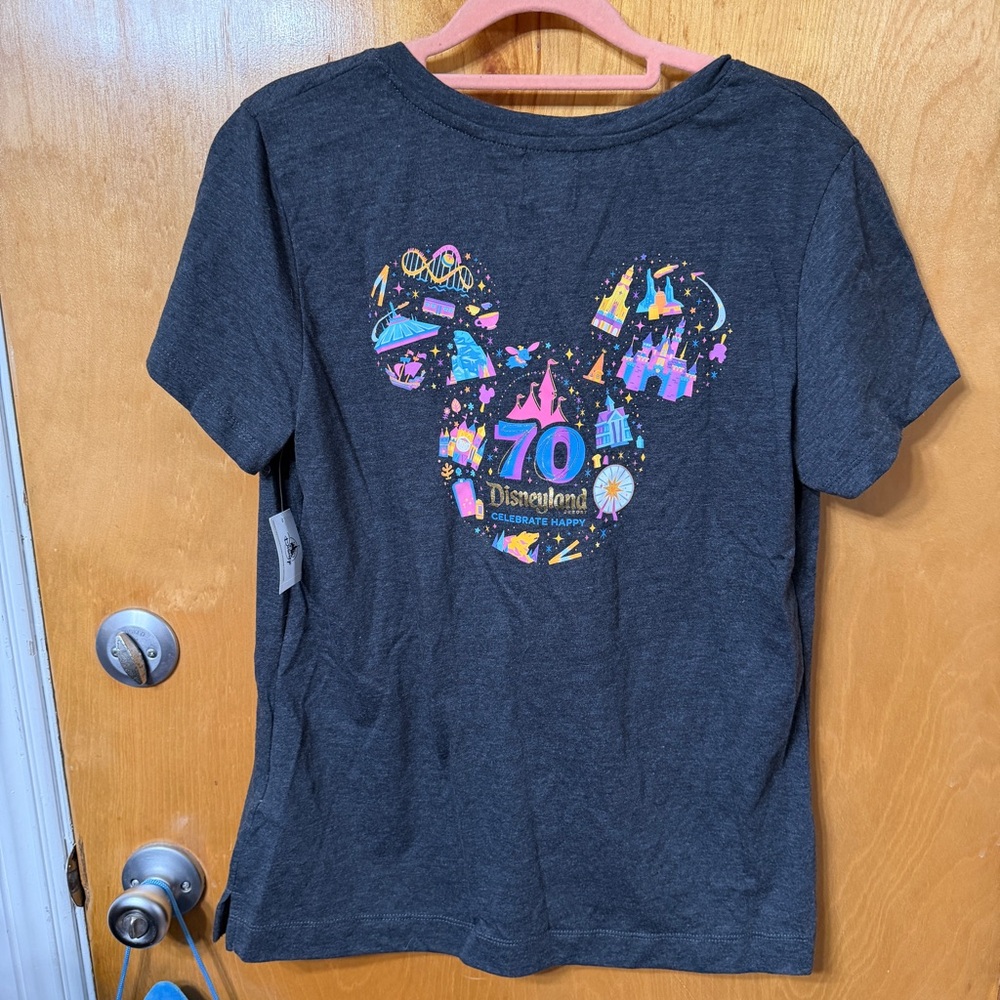 Disneyland Women's Charcoal V-Neck Tee with Colorful 70th Anniversary Logo - Picture 3 of 5
